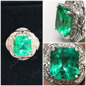 Pt900エメラルドテーパーダイヤ付リング