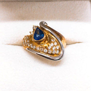 K18/Pt900 サファイア メレダイヤ付き コンビ リング 0.87ct 0.59ct