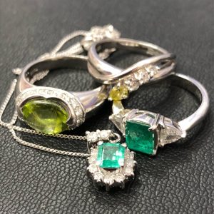 Pt900 イエローダイヤ・エメラルド・ペリドット・ネックレス・リング