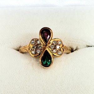 K18　ルビー・エメラルド・メレダイヤ付リング