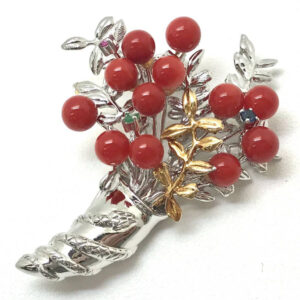 Pt900 天然本珊瑚ブローチ ルビー サファイア エメラルド