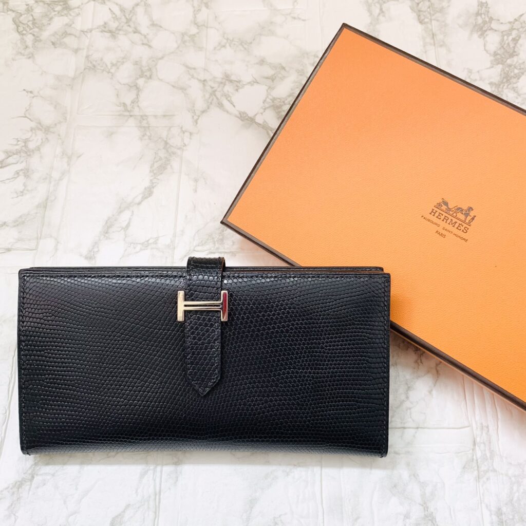 HERMES エルメス ベアンスフレ リザード シルバー金具 二つ折り長財布