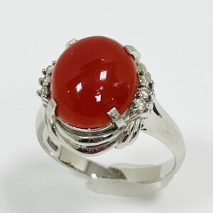 Pt900サンゴ7ct＆メレダイヤ0.3ct付リング