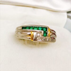 Pt900 K18 エメラルド メレダイヤ付リング