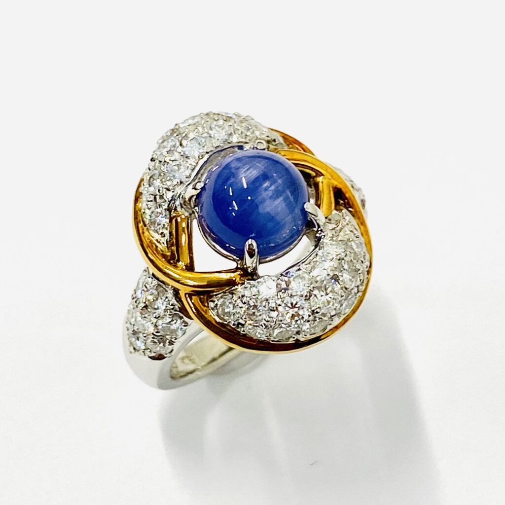 Pt900ベースK18 ゾイサイトキャッツアイ2.49ct＆メレダイヤ1.46ct付  