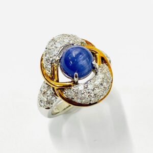 Pt900ベースK18 ゾイサイトキャッツアイ2.49ct＆メレダイヤ1.46ct付リング