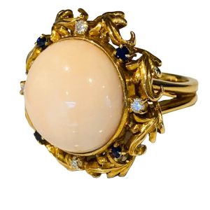 K18 珊瑚・サファイア・メレダイヤ付きリング