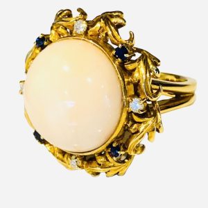 K18 18金 珊瑚 サファイヤ メレダイヤ リング