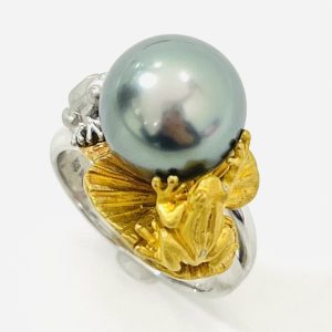 K18WG K18コンビ 黒蝶真珠10ct付リング