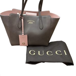 GUCCI スウィング レザートートバッグ グレーブラウン×ピンク 354408・467391