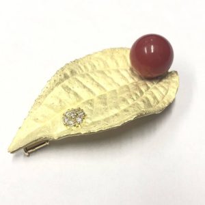 K18 珊瑚 メレダイヤ ブローチ 750 18金