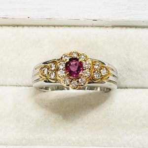 K18/Pt900 ルビー メレダイヤ付きリング