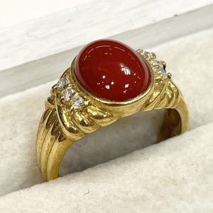 K18 18金 サンゴ＆メレダイヤモンド リング