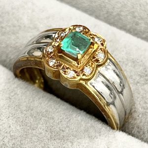 Pt900 K18 18金 コンビ エメラルド&メレダイヤモンドリング