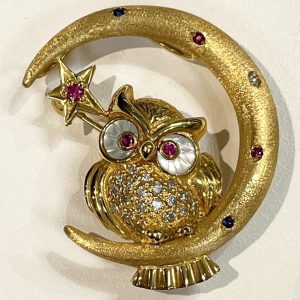 K18 18金 ルビー・サファイア・メレダイヤ付きブローチ