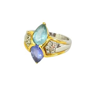 K18/Pt900 アクアマリン タンザナイト メレダイヤ リング