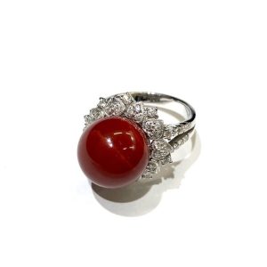 K18 18金 赤サンゴ 珊瑚 メレダイヤ リング