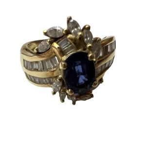 K18　サファイア　メレダイヤ付きリング　