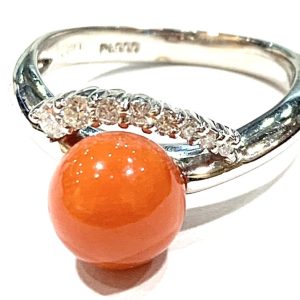 Pt900 プラチナ900 サンゴ メレダイヤ 0.15ct リング