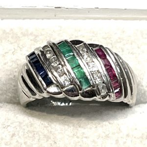 Pt900 メレダイヤモンド・ルビー・サファイア・エメラルド付き プラチナリング
