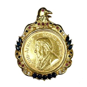 クルーガーランド金貨・サファイア・ルビー付き K18 18金 ペンダントトップ