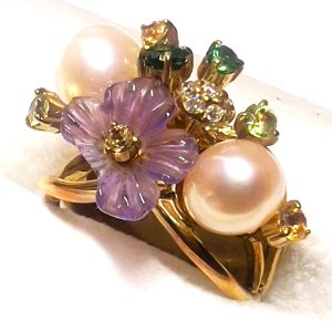 K18 18金 パール エメラルド ペリドット メレダイヤモンド リング 指輪