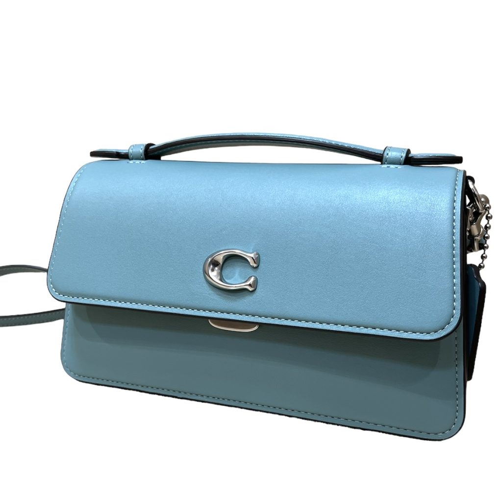 1円 コーチ レザーボディバッグ キャンバス ショルダー 青 ブルー ロゴ ブラウン 茶色 ライン