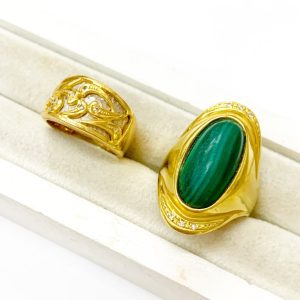 K18 Pt900 メレダイヤリング K18 マラカイト リング 孔雀石 18金 プラチナ900