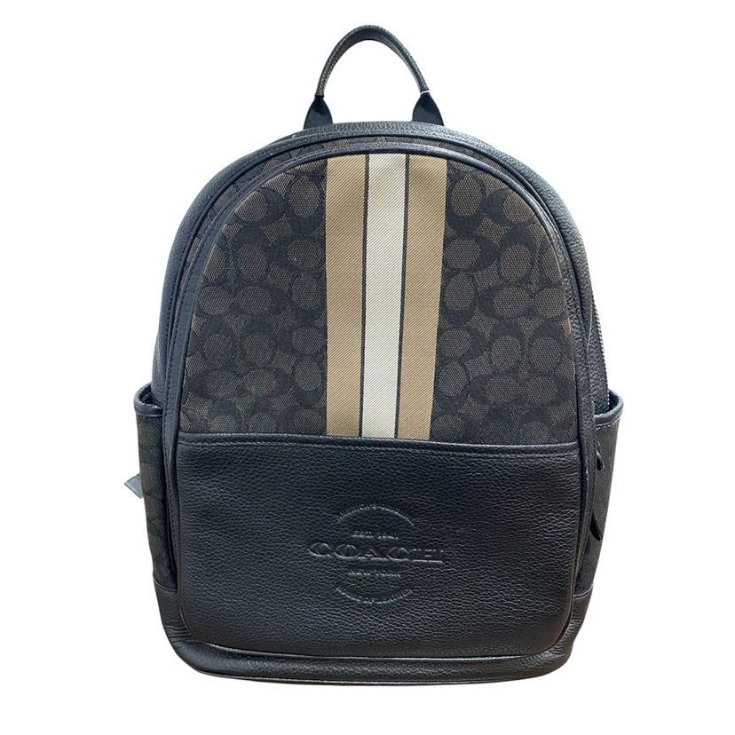 【COACH（コーチ）/バッグパック（リュック）/レザー　キャンバス　ストライプ/ブラック　グレー】