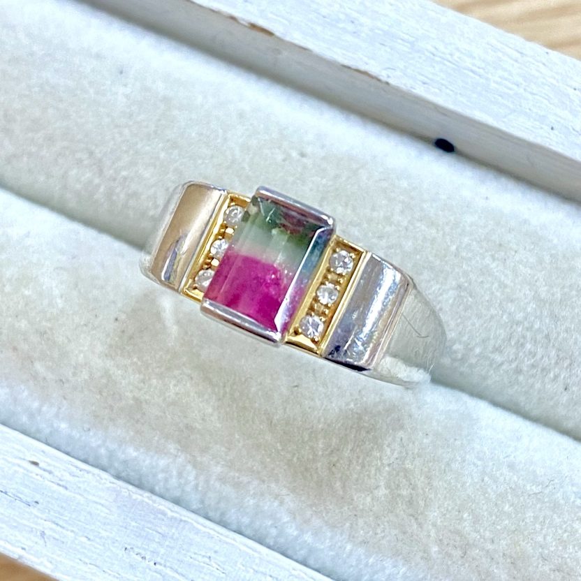 K18 Pt850 コンビリング トルマリン メレダイヤモンド 指輪