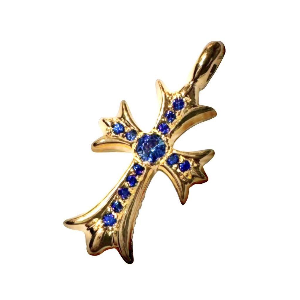 【Chrome Hearts (クロムハーツ)】クロスベビーファットチャーム 22K with パヴェブルーサファイア