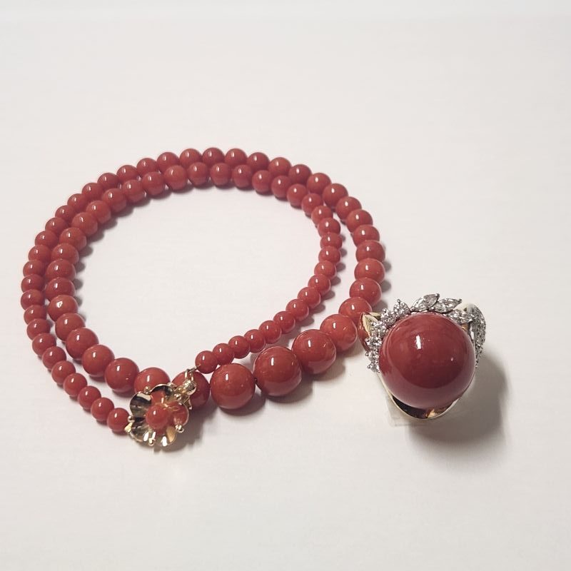 赤サンゴ（コーラル）のリングとネックレスのセット｜前橋市青梨子町