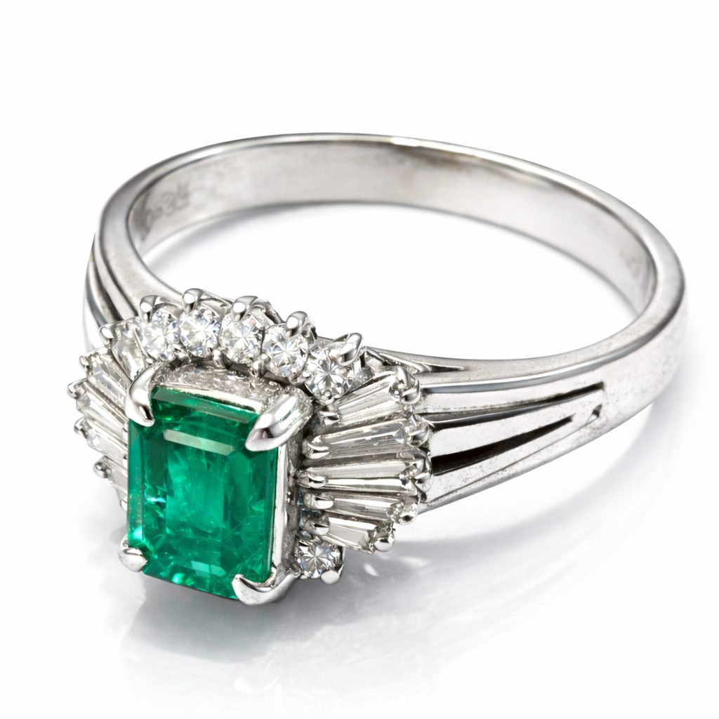 Pt900 エメラルド リング メレダイヤ付き ジュエリー