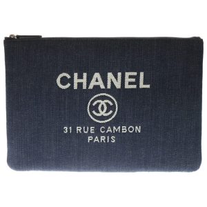 CHANEL シャネル ドーヴィル ココマーク ロゴジャガード デニム クラッチ セカンドバッグ インディゴ 21番台