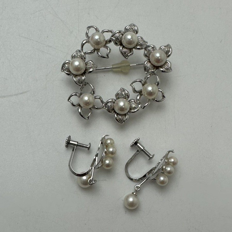 Pt900 パール付き ブローチ＆イヤリング