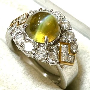 Pt900/K18 クリソベリルキャッツアイ メレダイヤ コンビリング 指輪