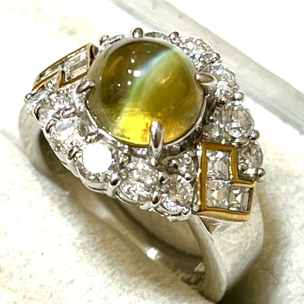 Pt900/K18 クリソベリルキャッツアイ メレダイヤ コンビリング 指輪