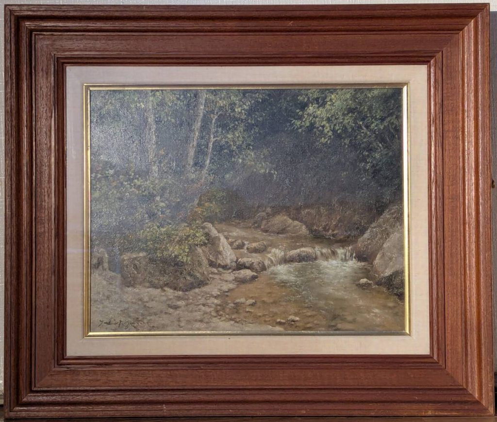 絵画　田染幸雄　油彩6号　渓流　額装　昭和洋画　自然風景　山林・水辺の情景　自然を描く洋画家　山間の渓流　B112