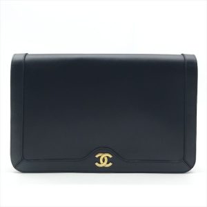 CHANEL シャネル ココマーク カーフスキン ヴィンテージ プッシュロック クラッチ セカンド バッグ レディース ネイビー a11511