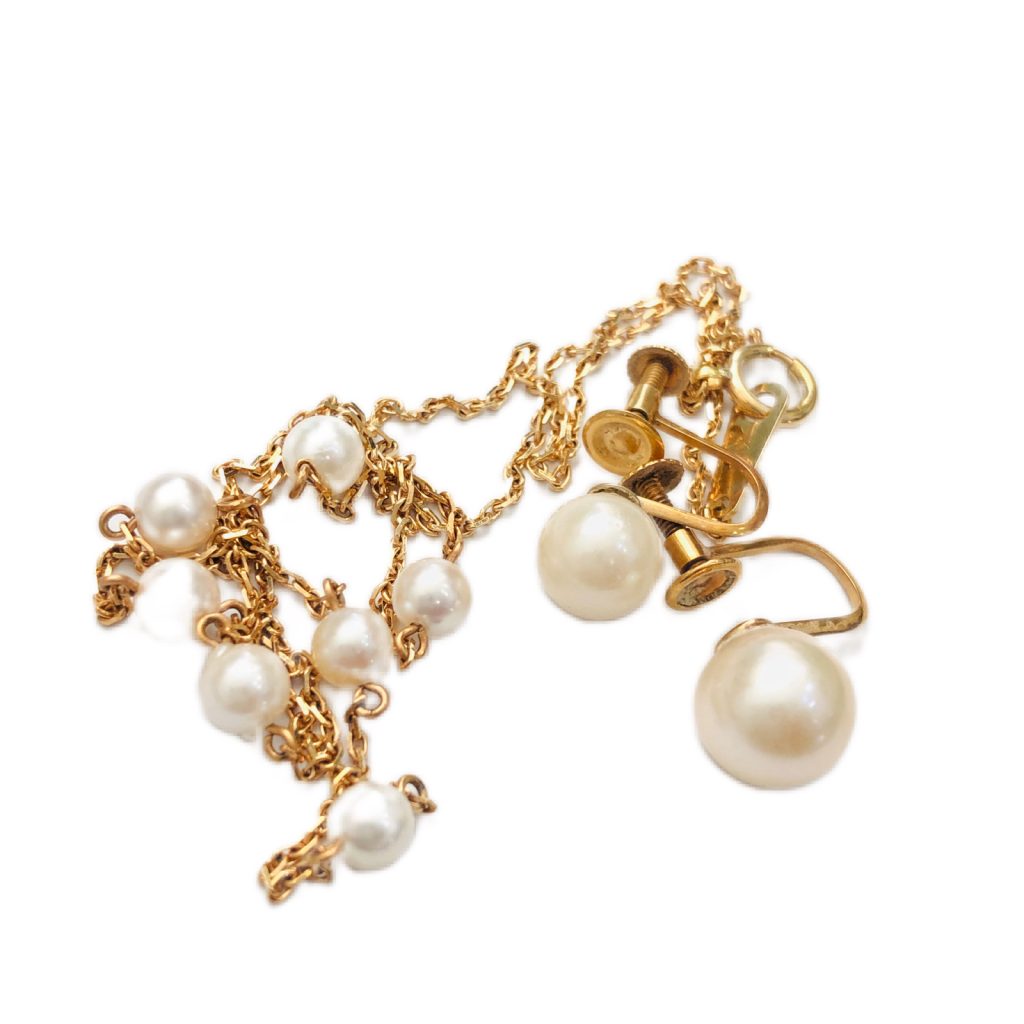 K18（18金）パール付きネックレス、イヤリング