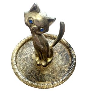 サファイア装飾付き 銀製猫モチーフ置物（アンティーク）