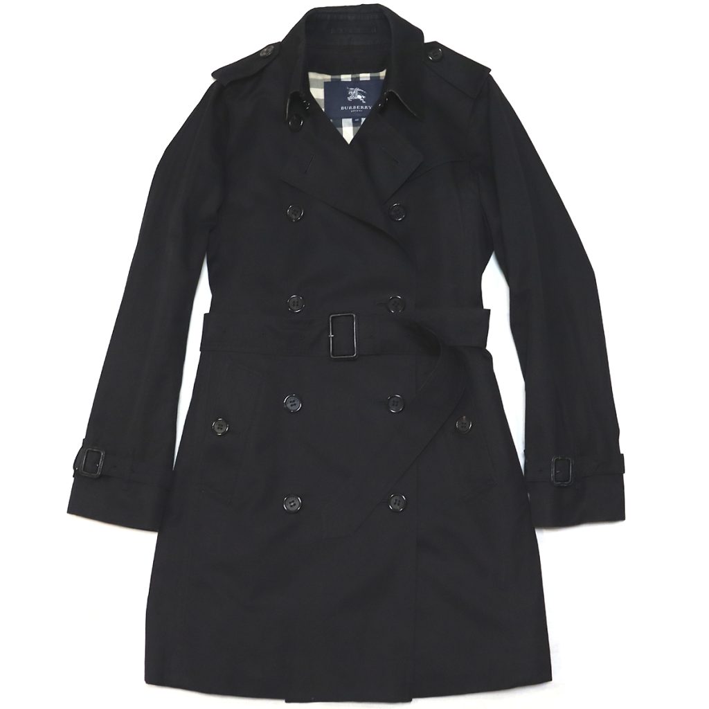 BURBERRY バーバリーロンドン コットン トレンチコート 40 ベルト付き ノバチェック裏地 襟裏 ブラック