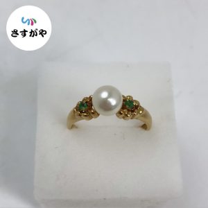 K18 パール、エメラルド付き リング