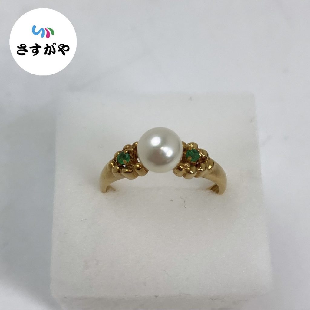 K18 パール、エメラルド付き リング
