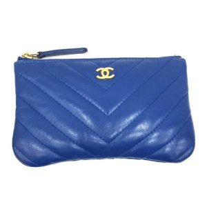 シャネル ココマーク シェブロン Vステッチ ココマーク レザー ポーチ ブルー レディース イタリー製 CHANEL