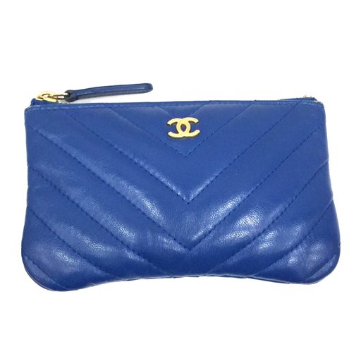 シャネル ココマーク シェブロン Vステッチ ココマーク レザー ポーチ ブルー レディース イタリー製 CHANEL
